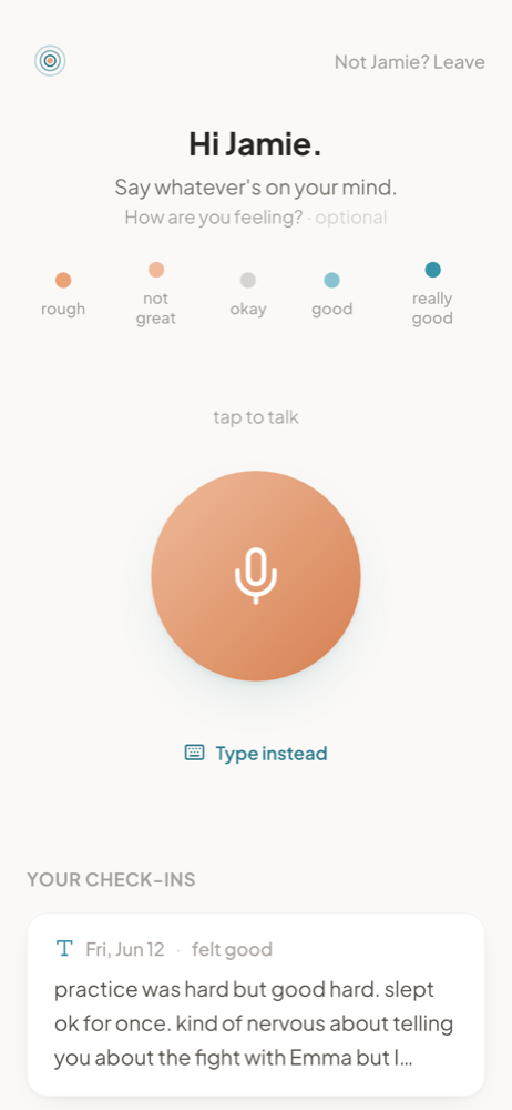 Teen voice journaling screen with mood picker and audio entry